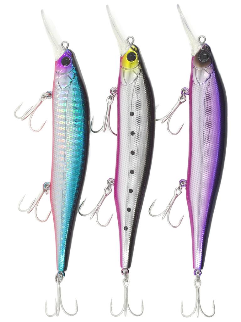 TSURINOYA 115SS Slow Sinking Sea Bass Magnum Plus Lip Length Jerking 80 Series Minnow X Lure, Size, 115mm, 18.5g, Method, (3-Color Set-CDH)