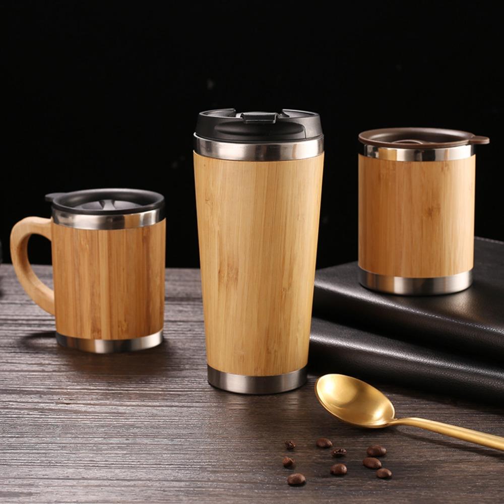 401-500ml Stainless Steel and Bamboo Travel Mug Portable Handle Office Cup Vacuum Coffee Cup