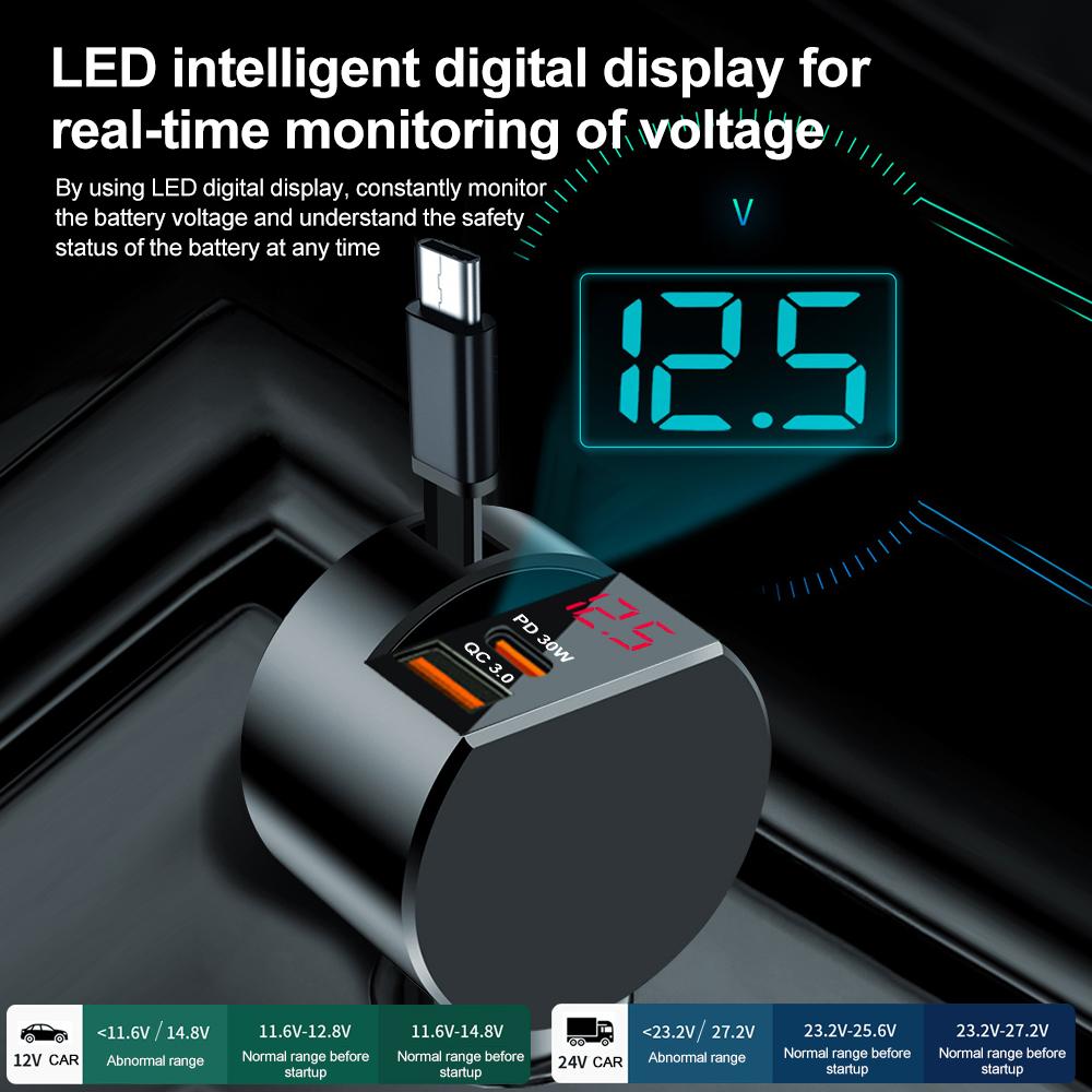 Car Charger Super Fast Charge Flash Charging with Telescopic Cable Voltage Detection 3 In 1 Car Charger USB Type C Ports Adapter