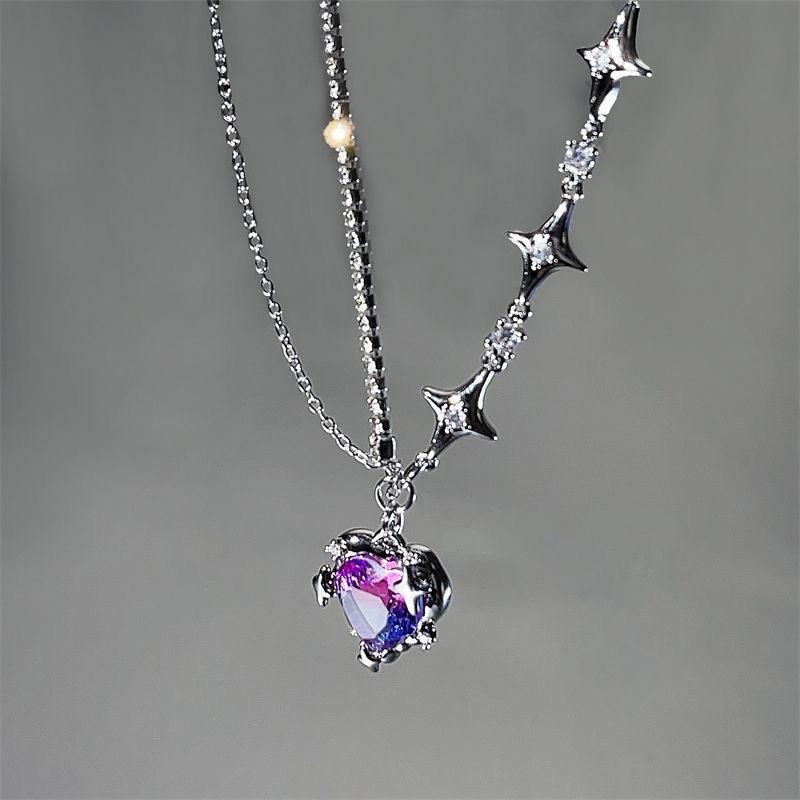 Kpop Black Heart Pendant Necklace Punk Shiny Rhinestone Star Asymmetric Chain Necklace For Women Neck Chain Y2K Jewelry