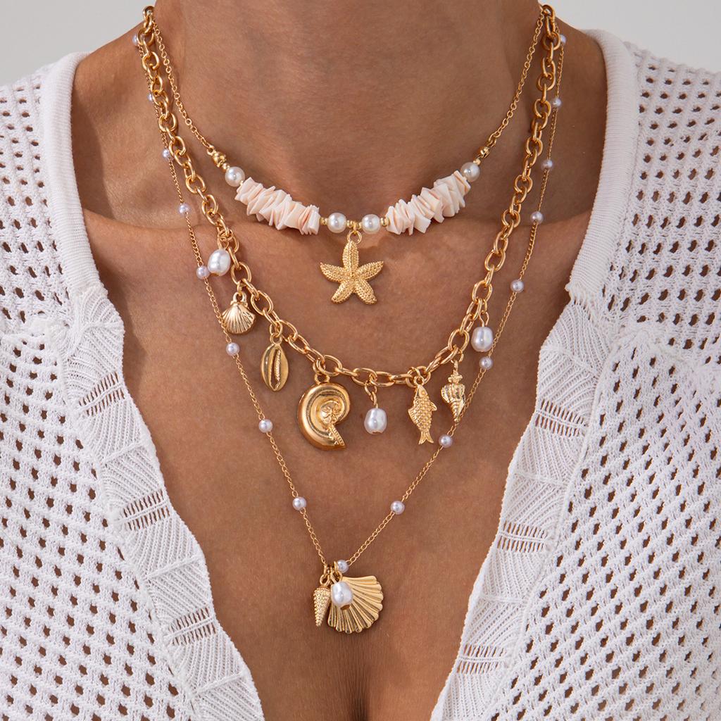 Colar com Pingente de Estrela-do-Mar e Concha de Vieiras Vento do Oceano Feminino, Colar de Corrente para Clavícula com Peça de Concha de Pérola Artificial