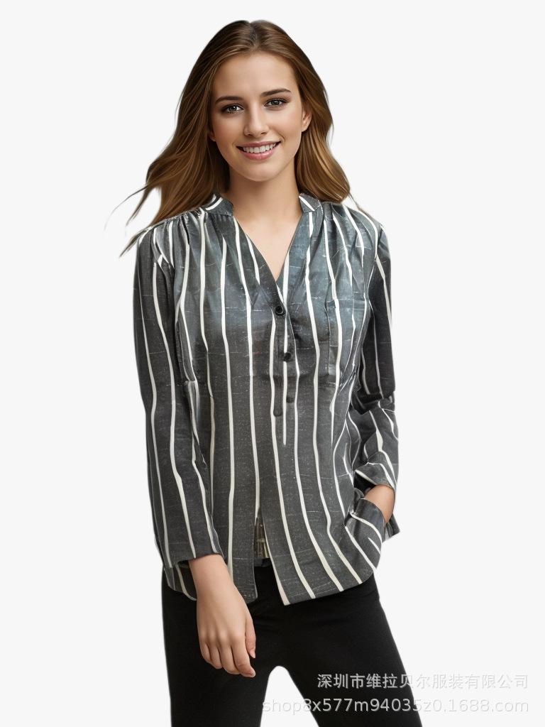Simple and Fashionable Printed Striped Shirt for Women In Foreign Trade Loose Fit Shirt