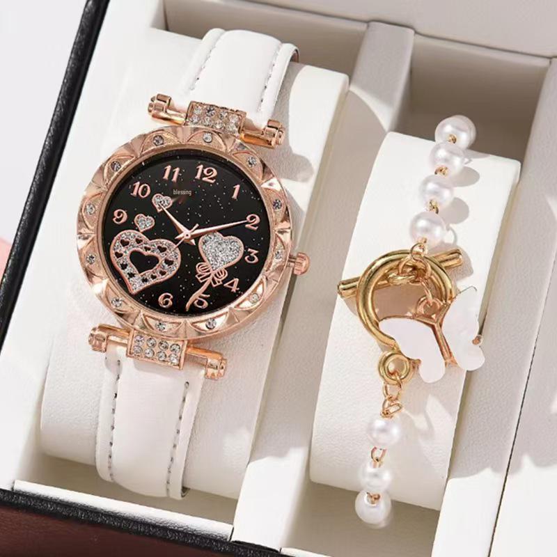 Elegant Crystal Heart Butterfly Bracelet & Leather Strap Quartz Watch with Pink Gemstone Set