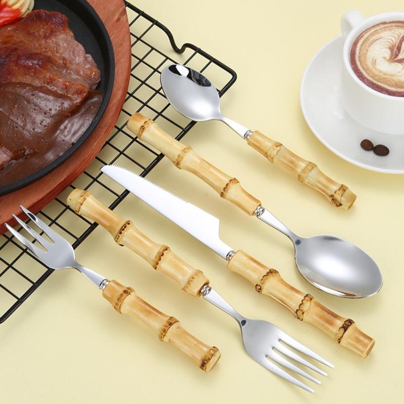 304 Stainless Steel Dinner Knife, Fork, Dessert Spoon, Natural Bamboo Handle Dinnerware Sets, Western Style Steak Cutlery Set