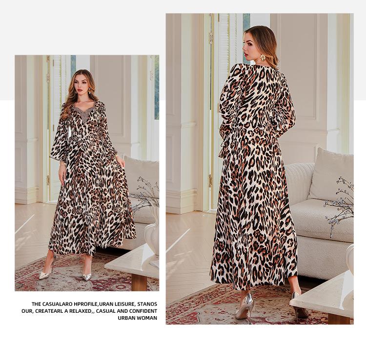 Leopard Print Abaya Dress - Elegant All-Season Middle Eastern Muslim Women's Robe