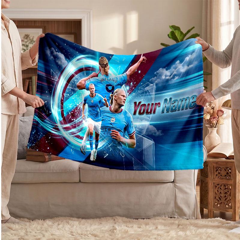 Erling Haaland Personalisierte Fleecedecke Mit Fußballlogo, Individueller Name Text Weich Warm Wohnzimmer Überwurfdecke