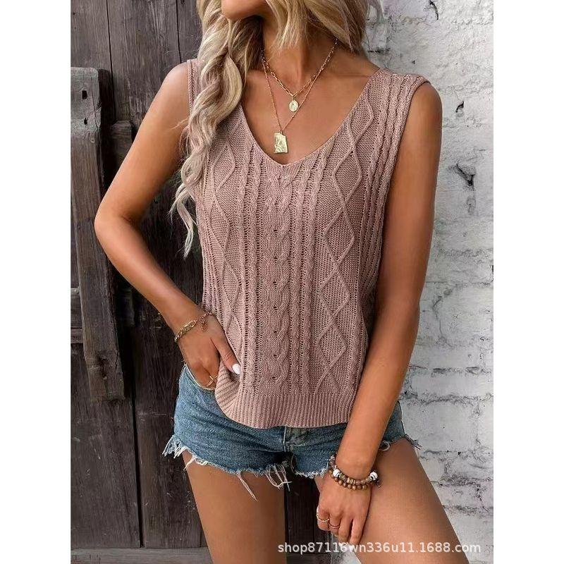 

V-neck Fried Dough Twists Jacquard Top V Neck Cable Stitch Jacquard Sleeveless Tops Women Dark pink XXL