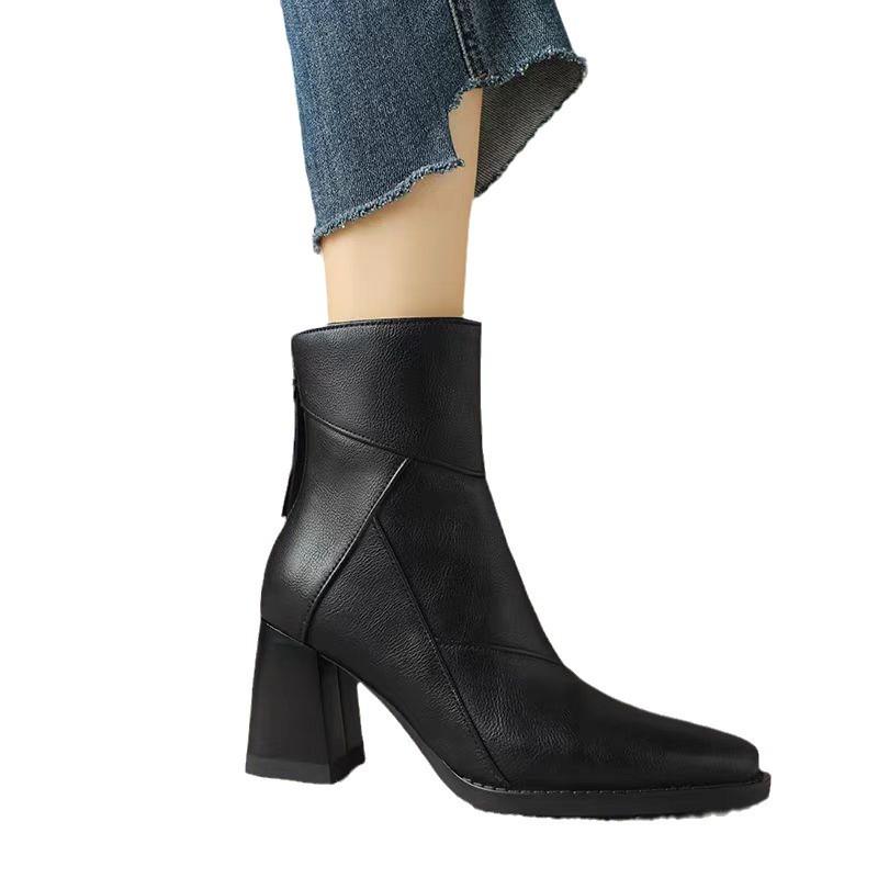 Pointed thick heel boots women's autumn and winter new British thick heel Martin boots rear zipper thin boots