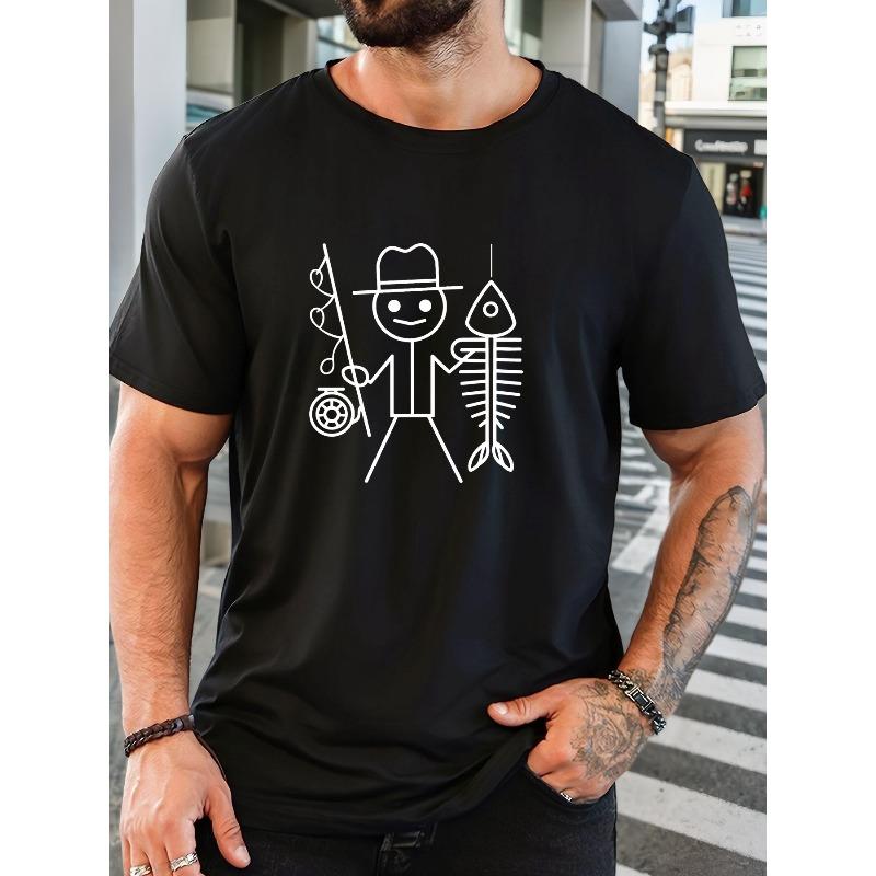 

European sizes Men S Stick Figure Fishing Rod Design Summer Casual Short-Sleeve T-Shirt Comfortable Fashionable Tee Tops for Men 4XL чорний