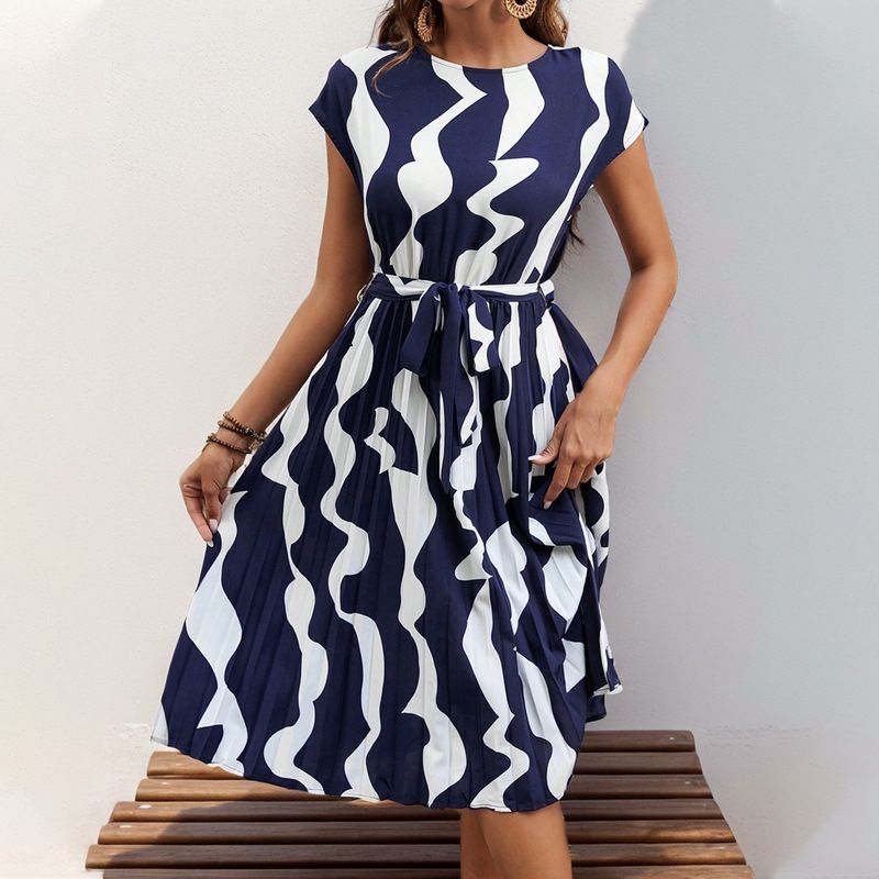 Printed round Neck Lace up Casual Dress Print round Neck Tied Dress