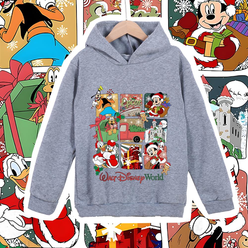 Christmas Disney World Mickey Print Kids Hooded Sweatshirt Fleece Lined Warm Winter Clothes for Boys Girls Children Outerwear