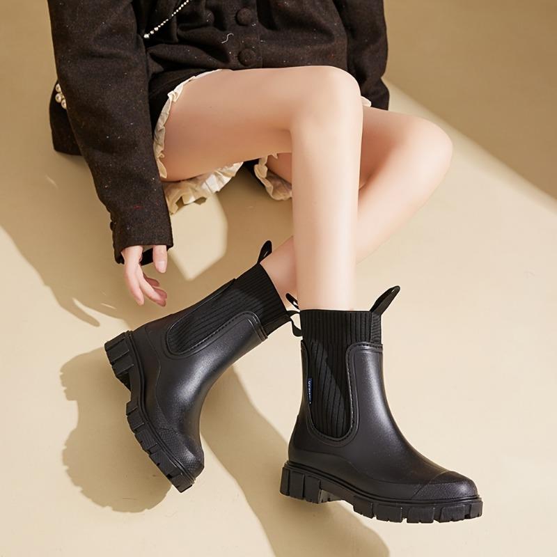 [Slip-Resistant Chelsea Boots] Slip-Resistant Chelsea Rain Boots | Women's Round Toe, PVC Upper & Sole, Comfortable Fabric, Versatile Outdoor Footwear