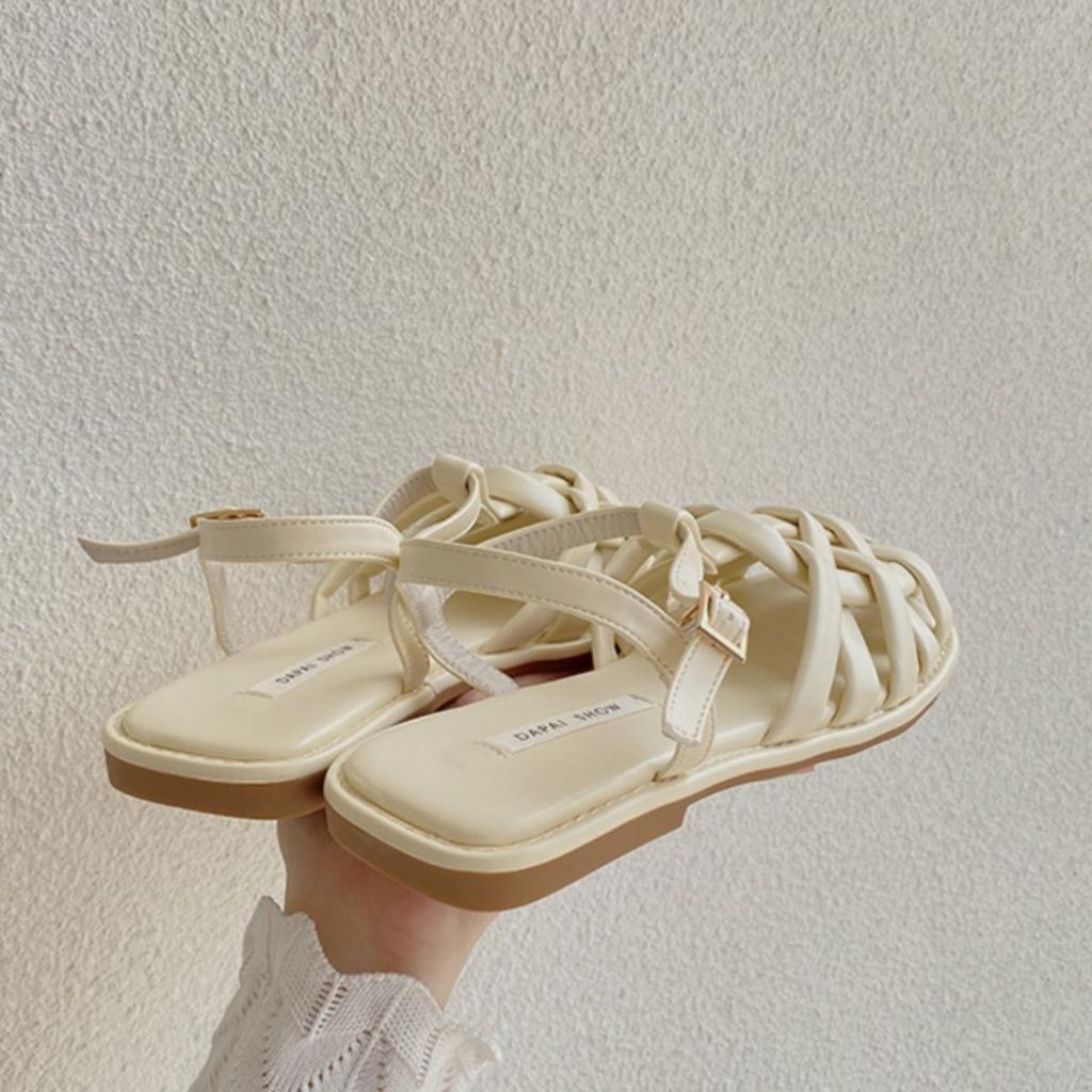 Fransk veskehode hule sandaler dame 2025 ny sommer vevd flate nisje retro strand romerske sko