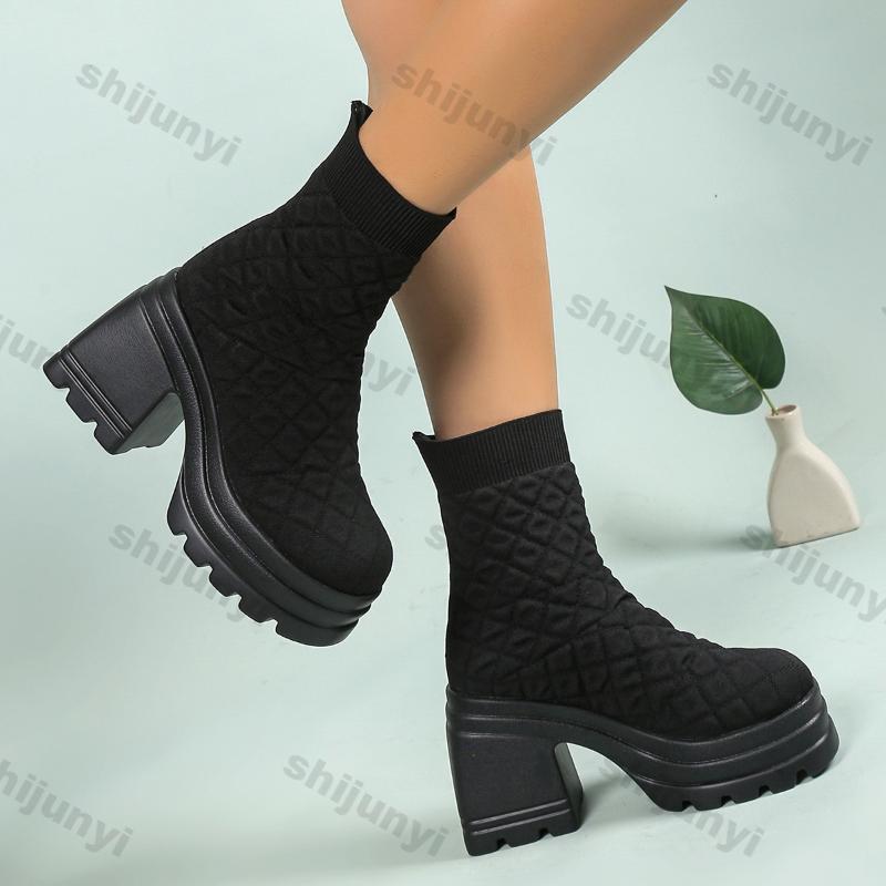 Bottes en Tricot Épais pour Femmes Bottes Chaussettes Stretch Hiver 2026 Nouvelle Mode Automne Femme Plateforme à Enfiler Talon Carré Botas De Mujer
