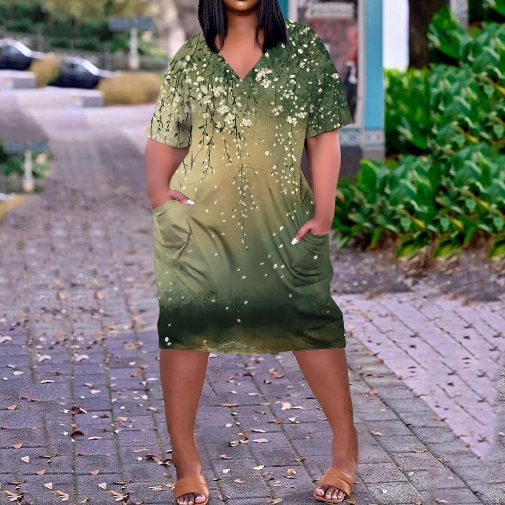 Summer Plus Size V Neck Short Sleeve Knee Pocket Print Casual Dress For Women