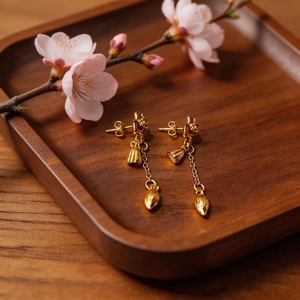 Gold Lotus Two-life Earrings, Lotus Tassel Earrings, Small Niche Design Earrings for Women, Exquisite Female Jewelry