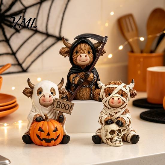 Matte Texture Animal Sculpture 3Pcs Halloween Highland Cow Figurines, Resin Cattle Statues of Grim Reaper, Dark Aesthetic Home Accessories Mummy