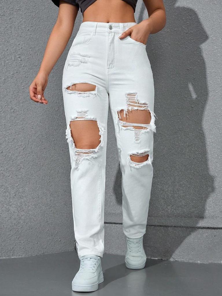 Jeans Donna a Vita Alta Strappati - Stile Streetwear Europeo & Americano Tendenze Gamba Larga