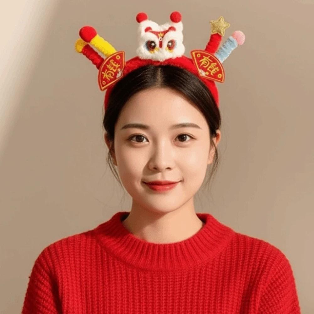 Embroidered Bow New Year Hair Hoop Lion Hanfu Hair Accessories Sweet Red Plush Headband  Kids