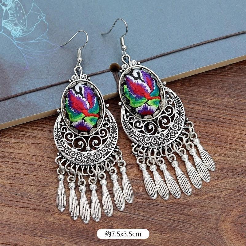 Vintage embroidery earrings hairpin classical temperament Miao peacock flower fringed earrings hair accessories set women