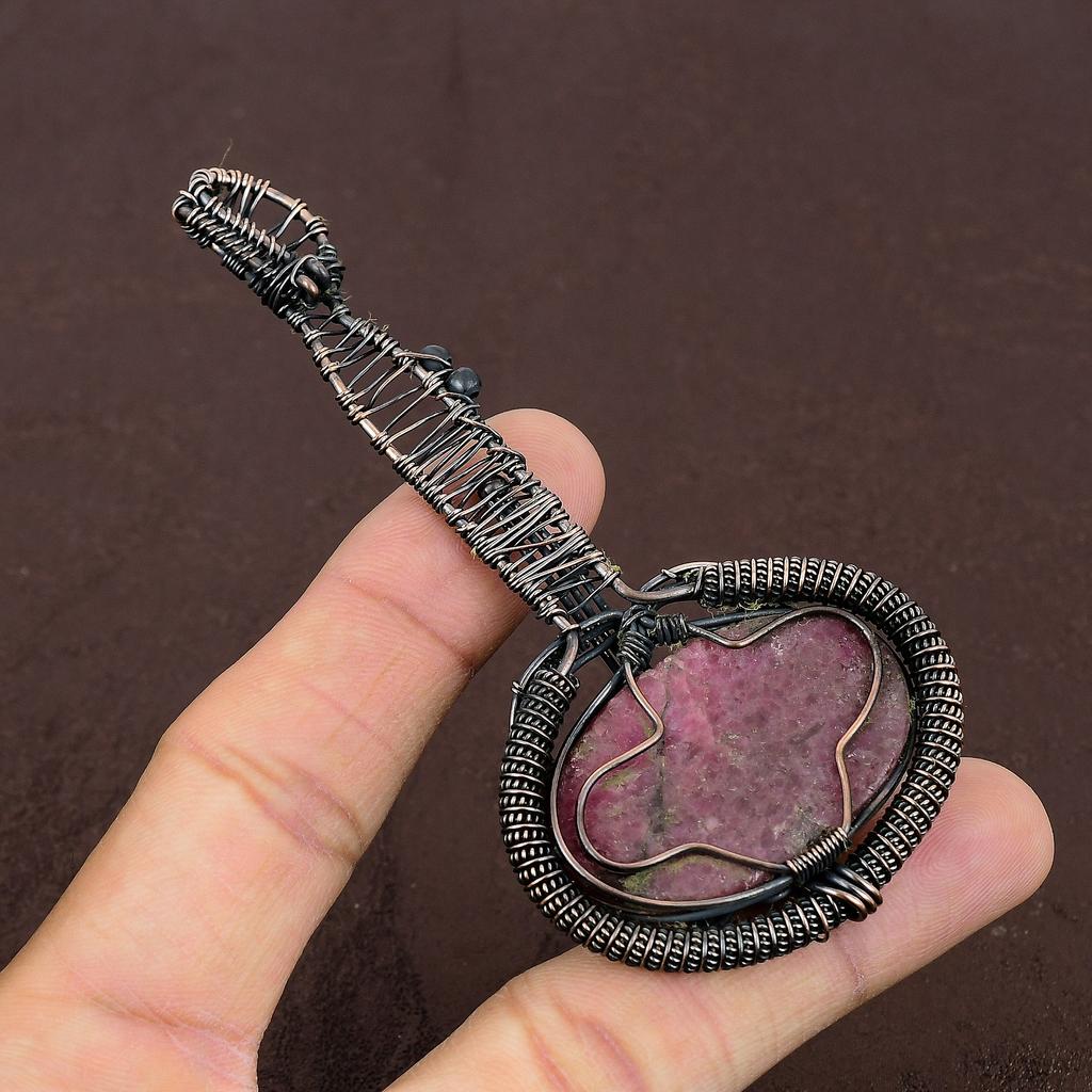 Rhodonite Handmade Copper Wire Wrap Guitar Pendant 3.1" l2l47