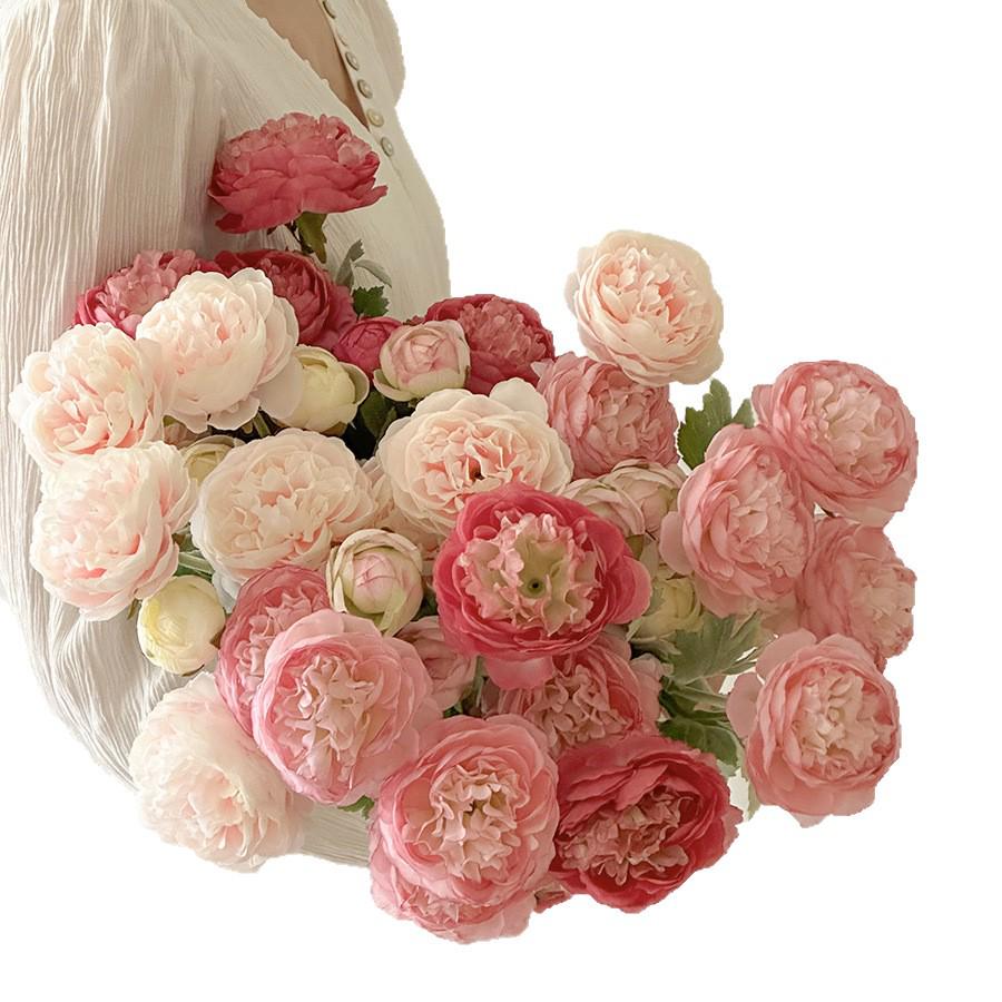 Composizione Floreale Artificiale di Peonie e Ranuncoli Floccati per Arredamento Casa