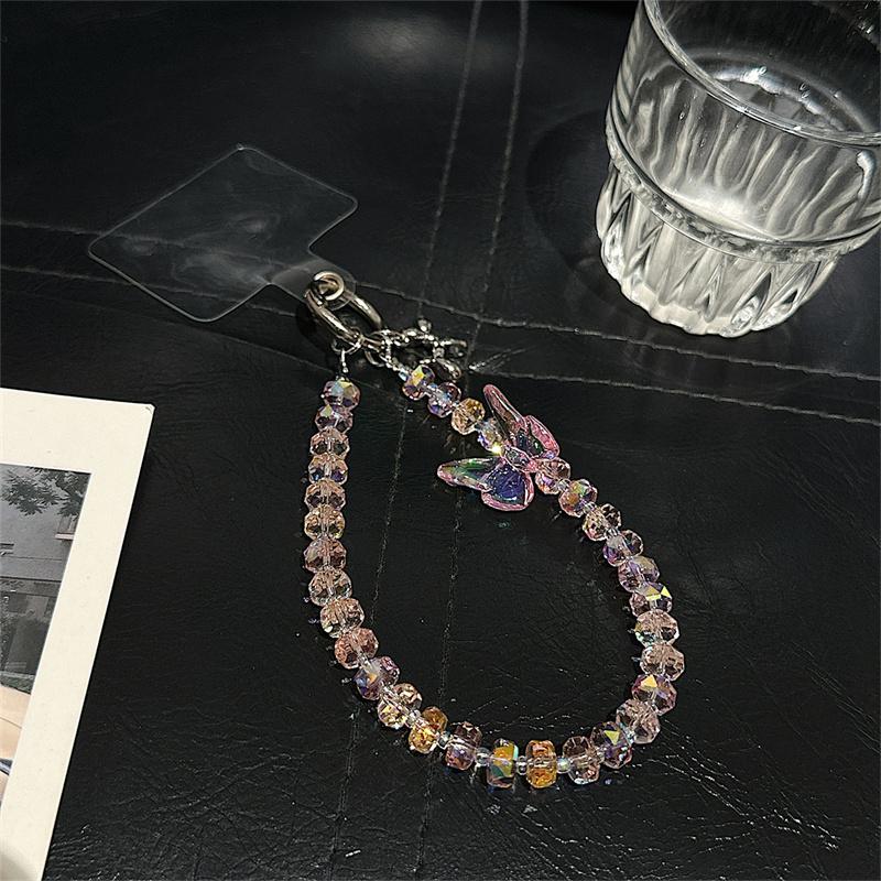 

Luxury Colorful Butterfly Crystal Bead Phone Bracelet Strap Charm Chain Knot Cellphone Lanyard Keychain Bag Camera keychain Pend