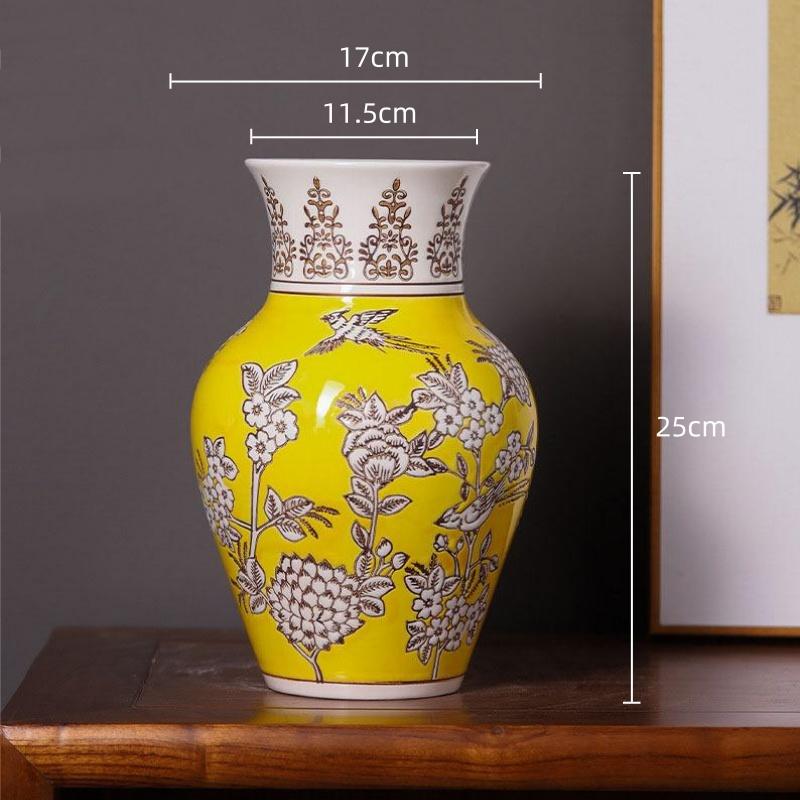 Gelbe Keramikvase Qinghua Porzellan Vintage Porzellanvase Chinesischer Stil Blumenvase Terrarium Raumdekoration Zubehör