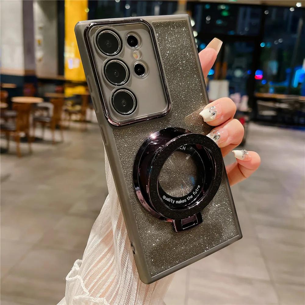 Glitter Magnetic Holder Silicone Case for Samsung S24 S23 S22 S21 Ultra Plus FE A53 A14 A54 A15 A55 iPhone 16 15 14 13 12 11 Pro Max Plus XSMAX XR 8 7