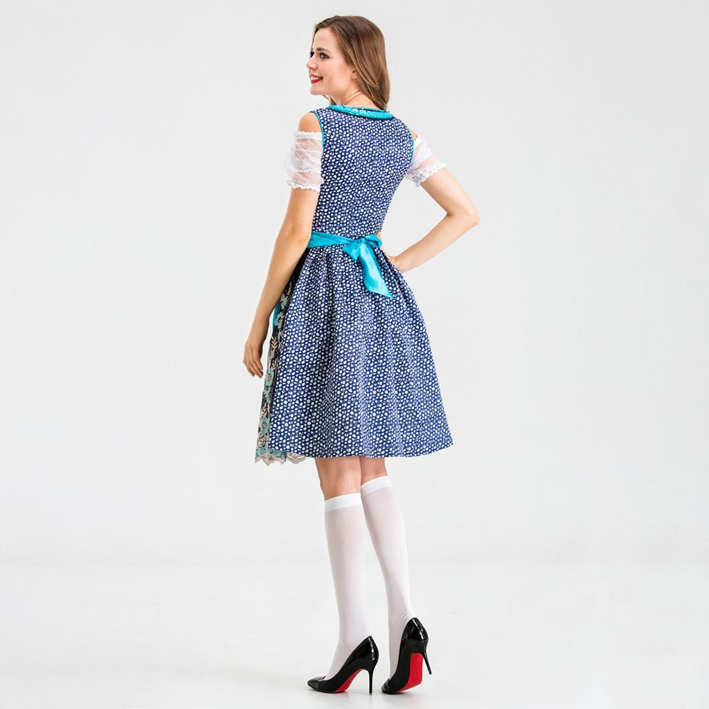 Traditional Style Bavarian Dress Oktoberfest Costume Beer Maid Uniform with Embroidered Apron and Lace Trimmed Sleeves for Women