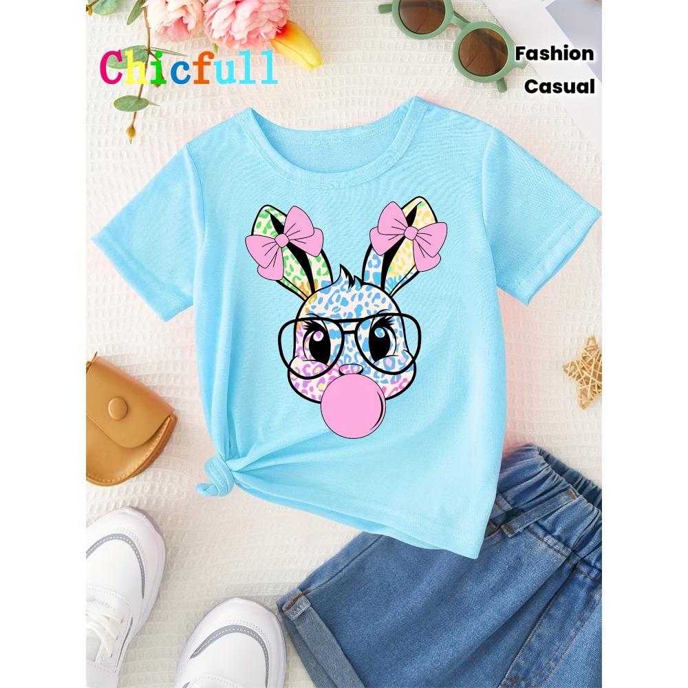 Summer EASTER Cute Bow Rabbit Print Childrens Cotton Tshirt Casual Trendy Girls Short Sleeved Shirts Fashion Kids Clothes Tees