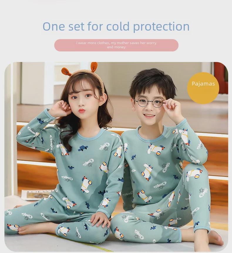 Kids' Thermal Fleece Pajama Set: Round Neck, Thickened for Winter, Unisex Design