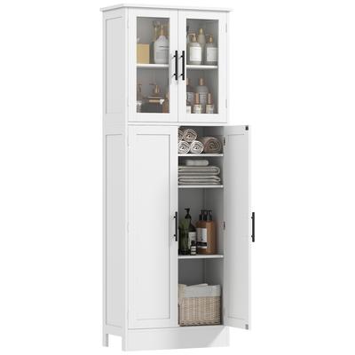Hoher Badezimmerschrank mit verstellbaren Regalen, Glas- und Holztüren, 60x30x170 cm, Weiß