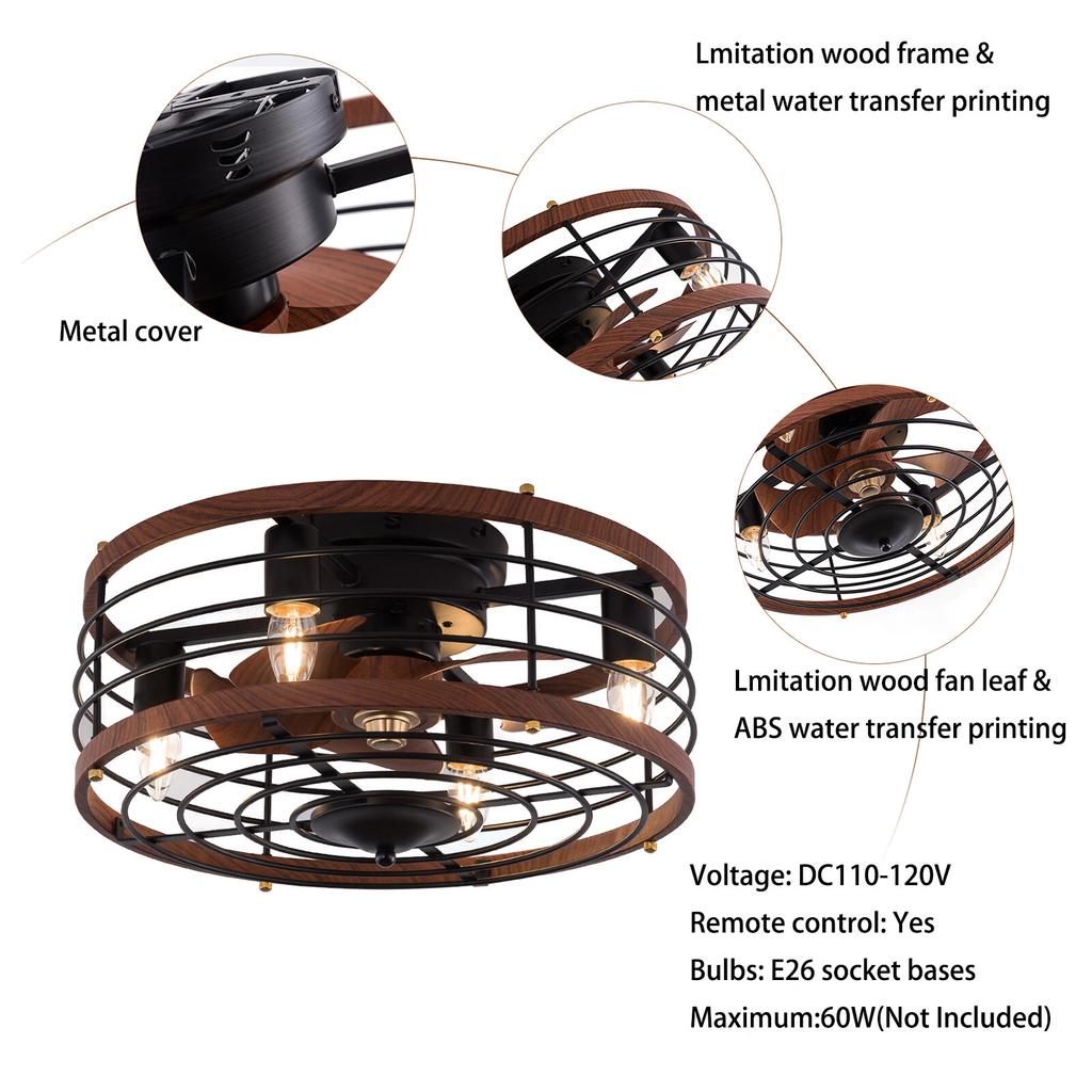 Remote Control Ceiling Fan with Light, 6-Speed Quiet Reversible Motor, Retro Industrial Flush Mount for Bedroom Living Room