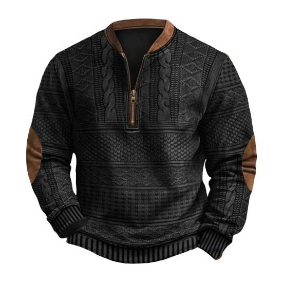 Fall Winter Men Sweatshirt Half Zipper Rhombus Texture Patchwork Round Neck Pullover Long Sleeves Daily Outdoor Sports Top
