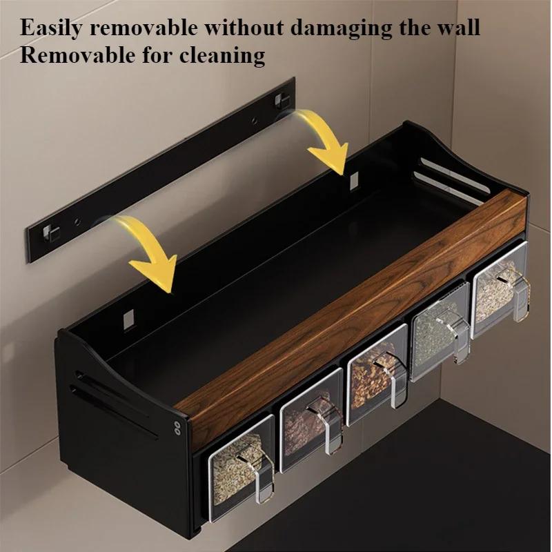 Wall Mounted Wooden Kitchen Shelf, Spice Bottle Organizer, Multifunctional Free of Holes To Remove and Washable