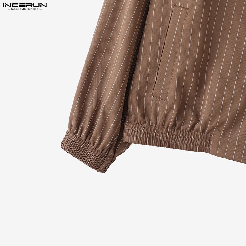 INCERUN Men Lapel Neck Long Sleeve Striped Casual Zip-up Thin Jackets Coats