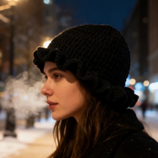 Fisherman Hat Solid Color Ruffled Brim Design Knitting Hat Windproof Warm Sun Protection Outdoor Activities Hat