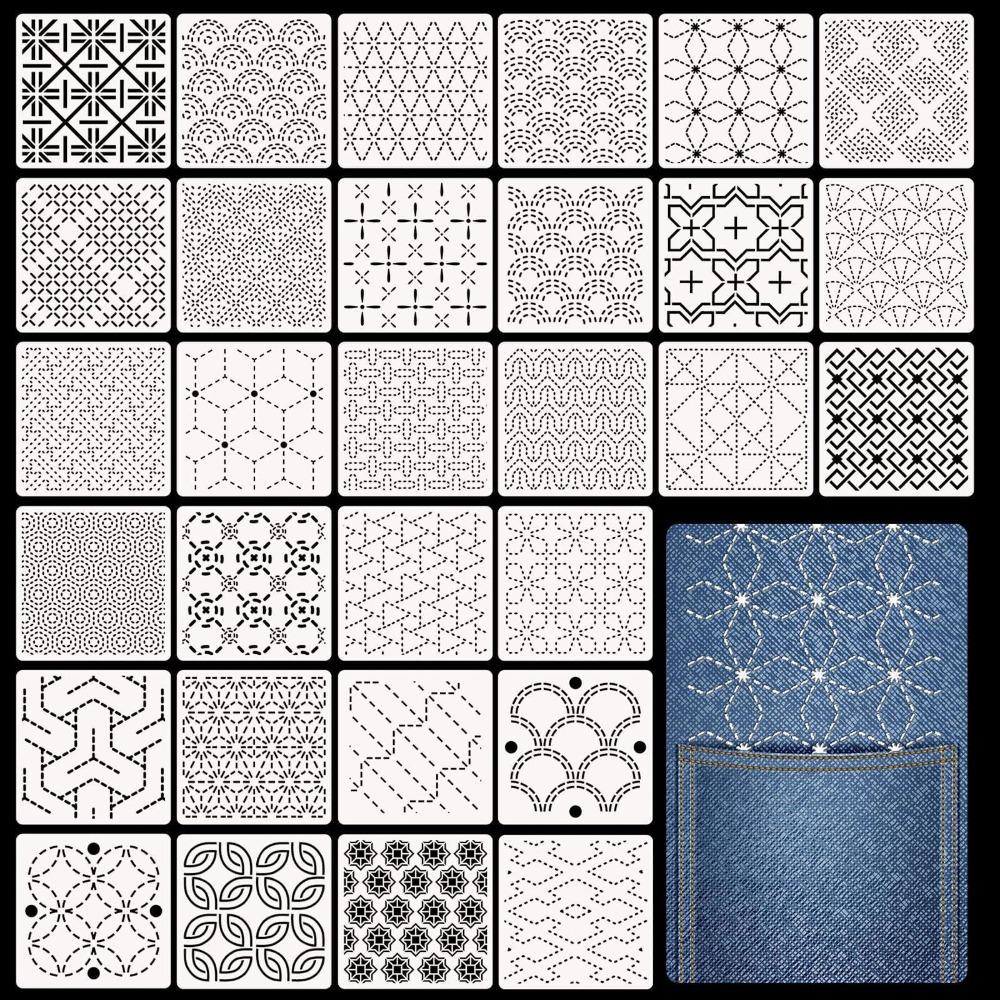 30pcs Handmade Sashiko Stencil Kit Geometric Pattern Sashiko Thread Kit  Sewing Supplies