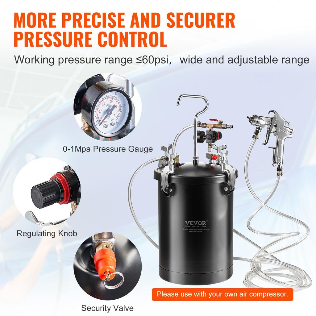 VEVOR Spray Paint Pressure Pot, 15L/3.75gal Pressure Pot Tank, 60 psi Adjustale Pressure, Steel Pressure Pot Paint Tank with Spray Gun, Hoses