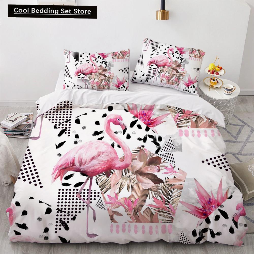 Flamingo Duvet Cover King Queen 3D Pink Animal Bedding Set For Kids Teens Adults Watercolor Style Quilt Cover With Pillowcase