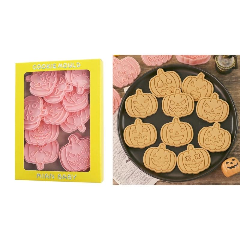 10x Cartoon Fun Biscuits Mould Set Halloween Pumpkin Cookie Cutter Stamp Plastic Biscuit Pastry Cutters Cake Decors