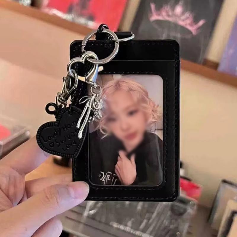 1 Piece Black Pu Leather Silver Cat Bow Pendant Photo Card Holder Keychain Student Campus Card Id Card Holder