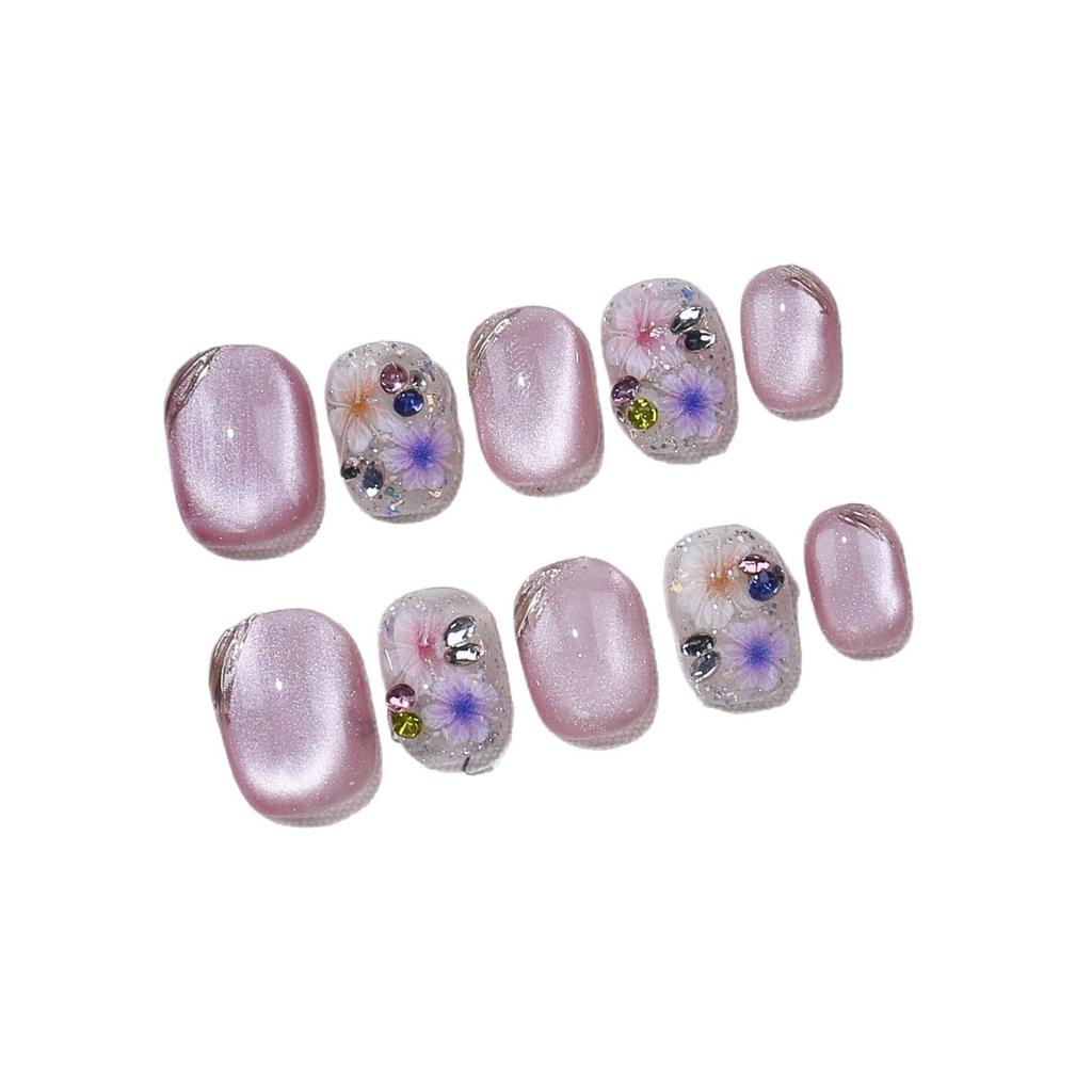10 Pcs High End Handmade Purple Dried Flower Cat Eye Press On Nails Detachable Fake Nails For Women Girls Daily Party Wear