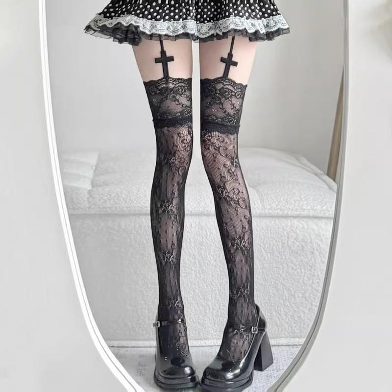 Punk Cross Lace Women Stockings Tights Hollow Out Flowers Black Cross Flora Mesh Girls Long Stockings Pantyhose Daily Party Wear