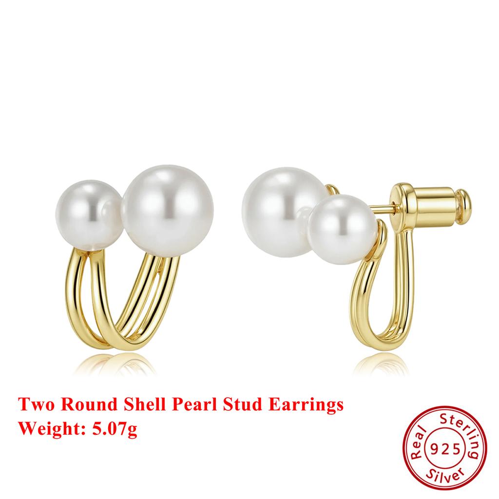 Effie Queen Genuine 925 Silver 14k Gold Geometric Shell Pearl Stud Earrings Simple Jewelry for Women Banquet Party Gift PSE05