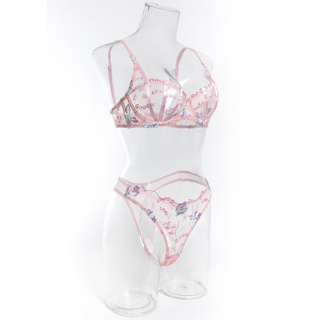 Cross-Border European & American Lace Embroidered Underwire Bra Set