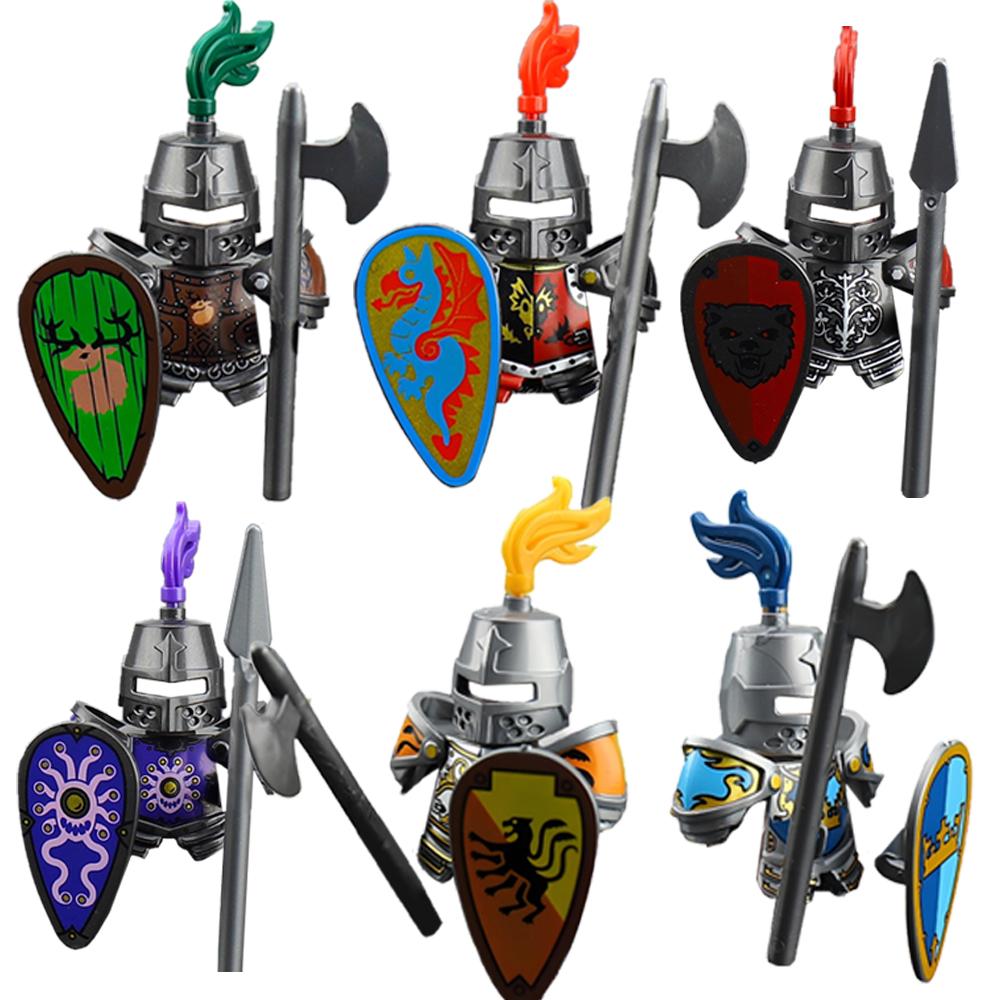 MOC Building Blocks Medieval Character Accessories Warhorses Militiamen Dragons Castles Knights Brick Gifts Toy Helmets Shields