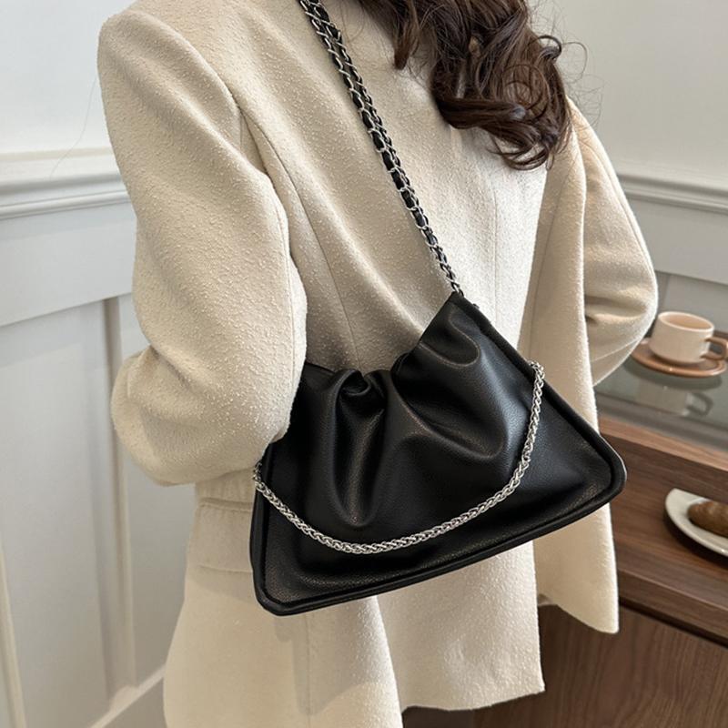 Pure Color Faux Leather Shoulder Bag Women's Summer New Style Underarm Chain Crossbody Bag Soft Square Shape Polyester Lining KTB
