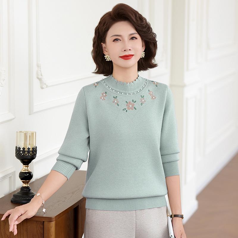 Fleece-Lined Red Winter Sweater for Mother's Zodiac Year - Mid-Aged Women's Half-High Collar Base Layer